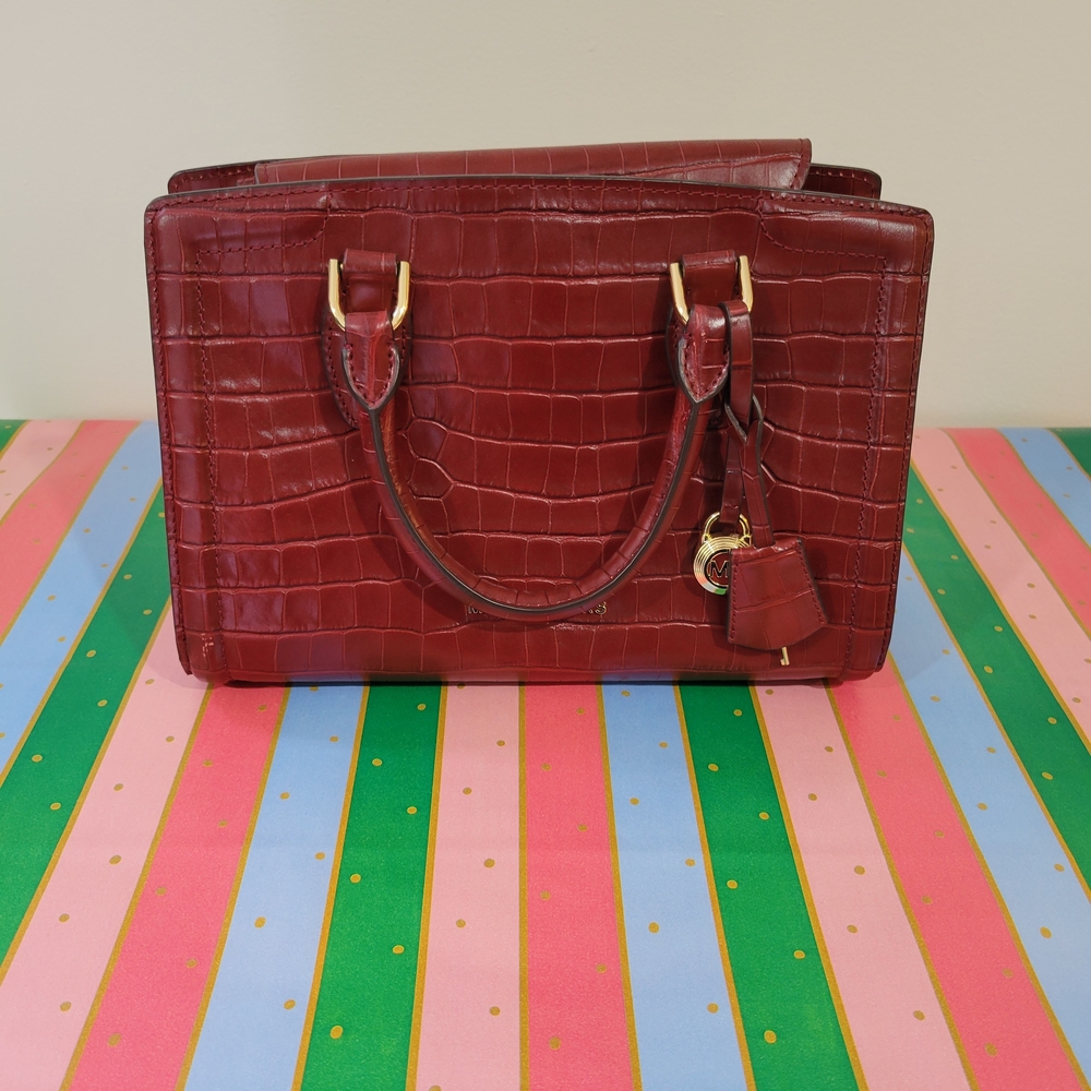 MICHAEL KORS Burgundy Crocodile-Embossed Leather Handbag Gold Hardware NWOT - Picture 6 of 16